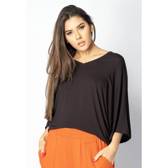 Blusa Ampla Morcego Guyrá Manga 3/4 Malha Preta