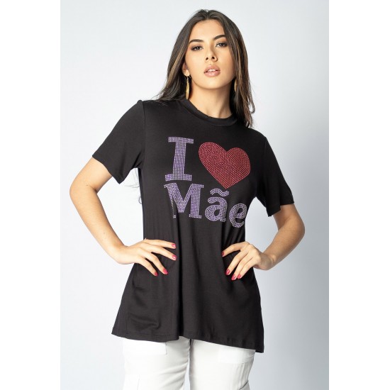 T-shirt Pedraria Manga Curta I Love Mãe Preta