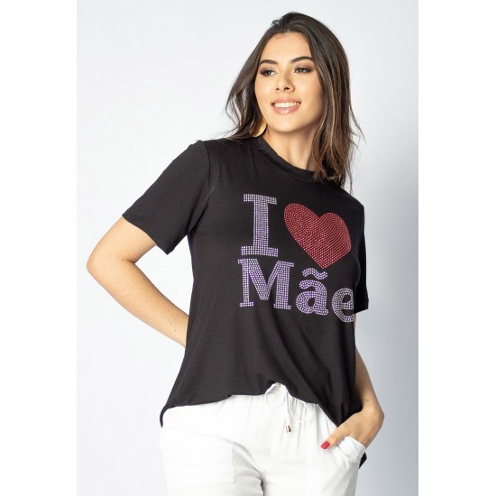T-shirt Pedraria Manga Curta I Love Mãe Preta