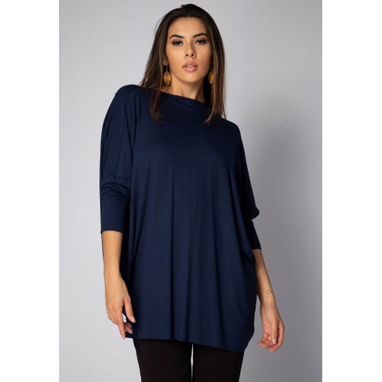 Blusa Drapeada nas Costas Malha Manga Longa Azul Marinho