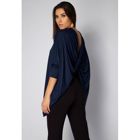 Blusa Drapeada nas Costas Malha Manga Longa Azul Marinho