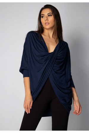 Blusa Drapeada nas Costas Malha Manga Longa Azul Marinho