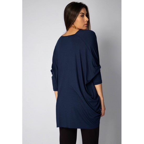 Blusa Drapeada nas Costas Malha Manga Longa Azul Marinho