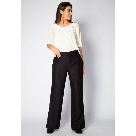 Calça Pantalona Viscose Reta Embuá Preta