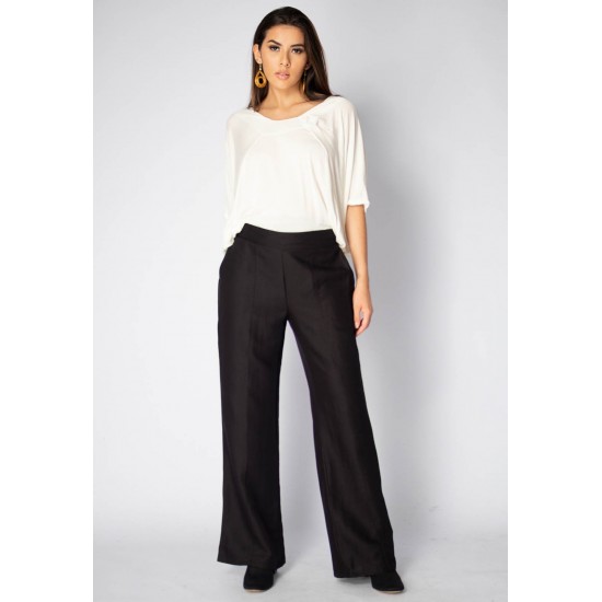 Calça Pantalona Viscose Reta Embuá Preta