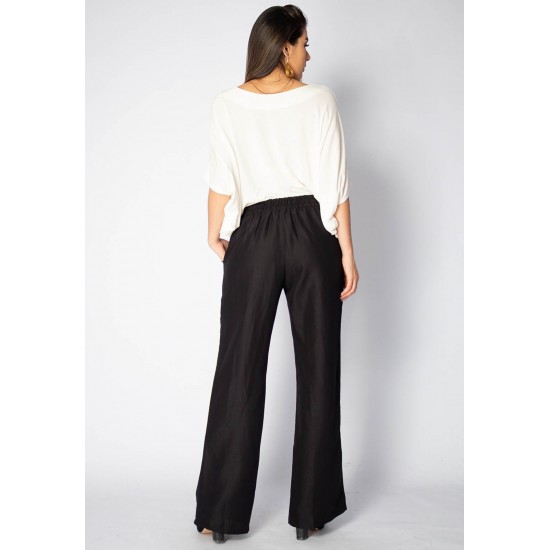 Calça Pantalona Viscose Reta Embuá Preta