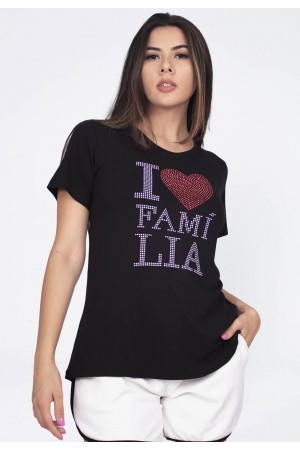 T-shirt Basic Malha Aplicacão Hotfix Amo a Familia Preto