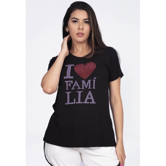 T-shirt Basic Malha Aplicacão Hotfix Amo a Familia Preto