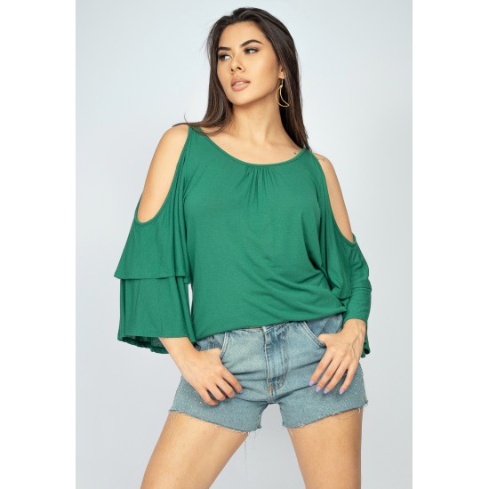 Blusa Malha Xingu Manga Dupla Sino Verde Esmeralda
