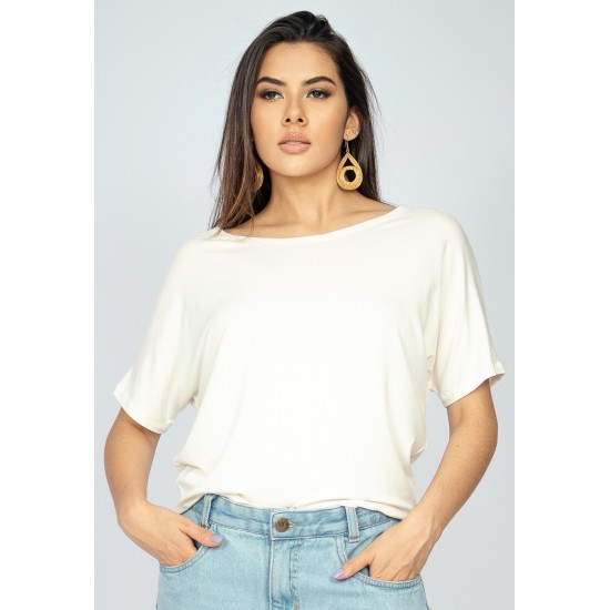 Blusa Básica Morcego Malha Gola Canoa Manga Curta Off White