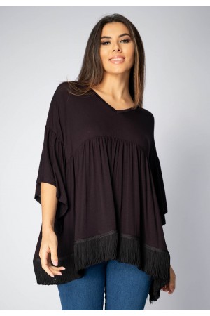 Blusa Bata Fulô Babado Malha com Renda Country Preta