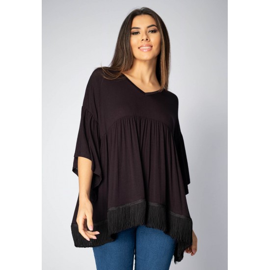 Blusa Bata Fulô Babado Malha com Renda Country Preta