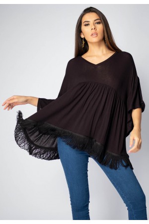 Blusa Bata Fulô Babado Malha com Renda Country Preta