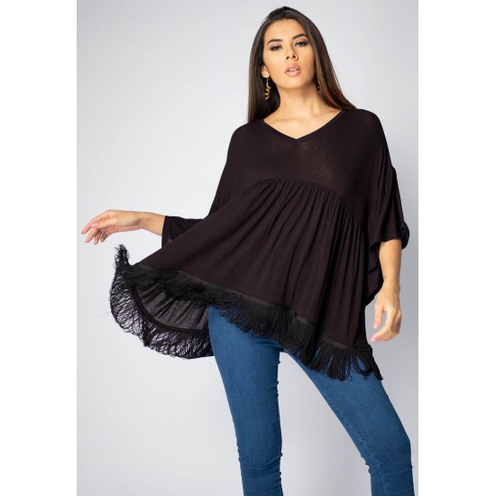 Blusa Bata Fulô Babado Malha com Renda Country Preta