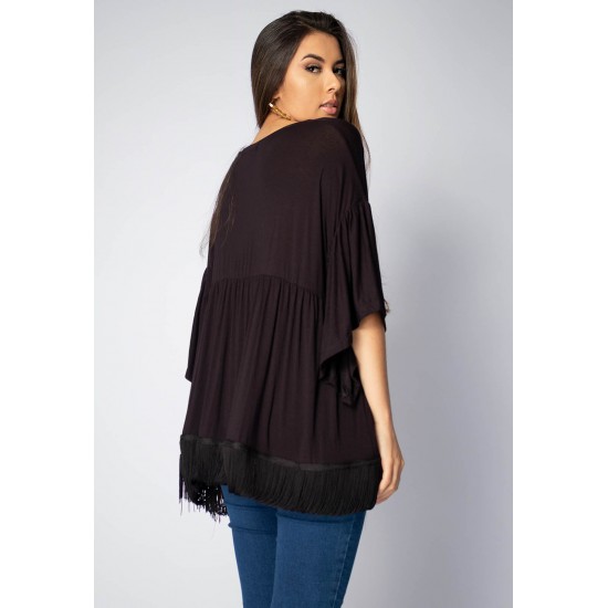 Blusa Bata Fulô Babado Malha com Renda Country Preta