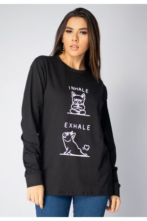 Camiseta de Algodão Manga Longa Dog Inhale e Exhale Preta