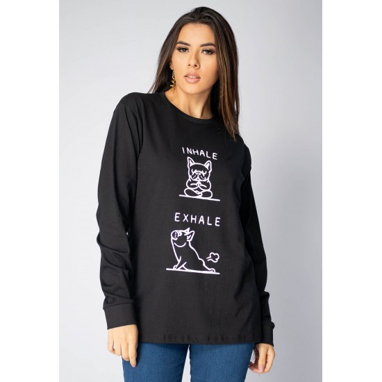 Camiseta de Algodão Manga Longa Dog Inhale e Exhale Preta