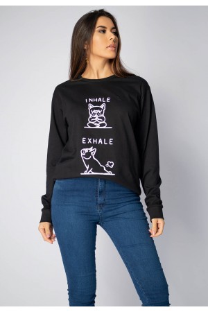 Camiseta de Algodão Manga Longa Dog Inhale e Exhale Preta