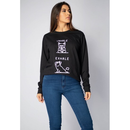 Camiseta de Algodão Manga Longa Dog Inhale e Exhale Preta