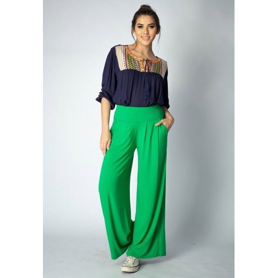 Calça Pantalona Ampla Malha com Bolso Lateral Verde Light