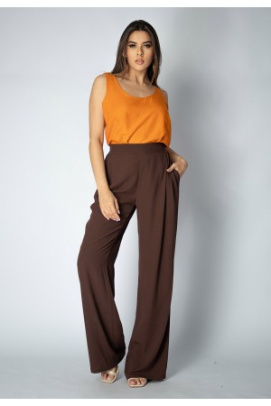 Calça Pantalona Viscose Reta Embuá Marrom