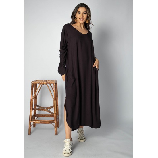 Vestido Midi Viscose Manga Longa Preto