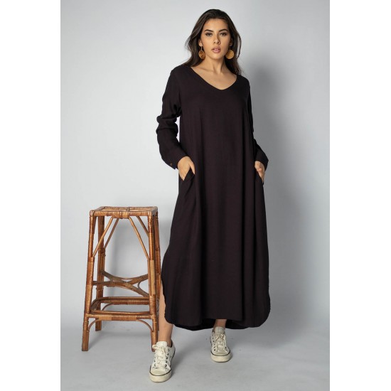 Vestido Midi Viscose Manga Longa Preto