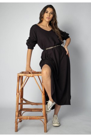Vestido Midi Viscose Manga Longa Preto