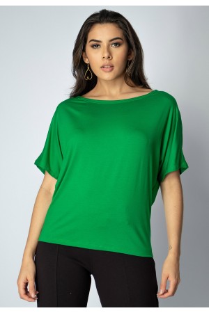 Blusa Básica Morcego Malha Gola Canoa Manga Curta Verde Light