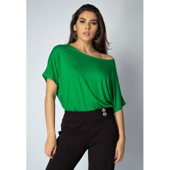 Blusa Básica Morcego Malha Gola Canoa Manga Curta Verde Light