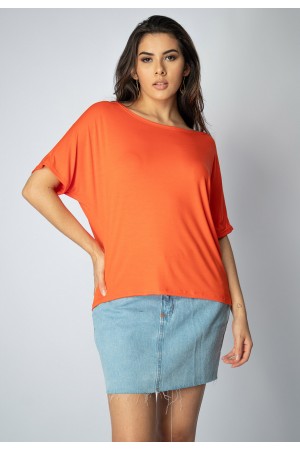 Blusa Básica Morcego Malha Gola Canoa Manga Curta Tangerina