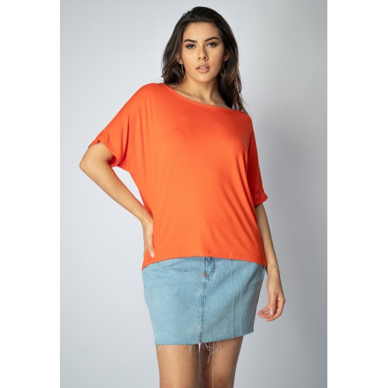 Blusa Básica Morcego Malha Gola Canoa Manga Curta Tangerina