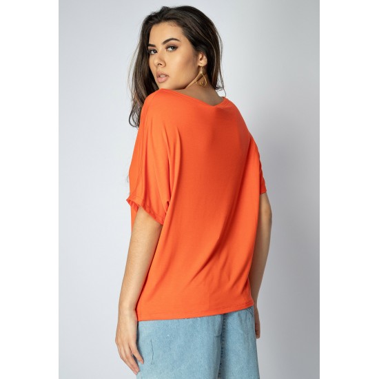 Blusa Básica Morcego Malha Gola Canoa Manga Curta Tangerina