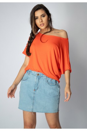 Blusa Básica Morcego Malha Gola Canoa Manga Curta Tangerina