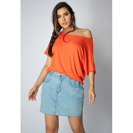 Blusa Básica Morcego Malha Gola Canoa Manga Curta Tangerina