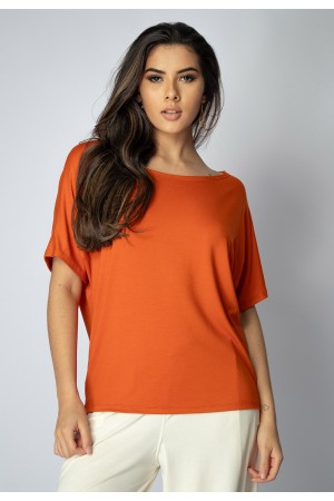 Blusa Básica Morcego Malha Gola Canoa Manga Curta Laranja