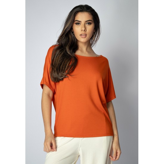 Blusa Básica Morcego Malha Gola Canoa Manga Curta Laranja