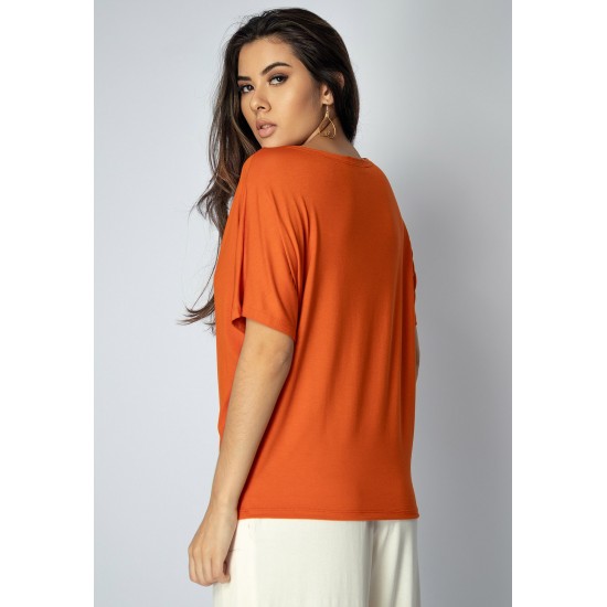 Blusa Básica Morcego Malha Gola Canoa Manga Curta Laranja