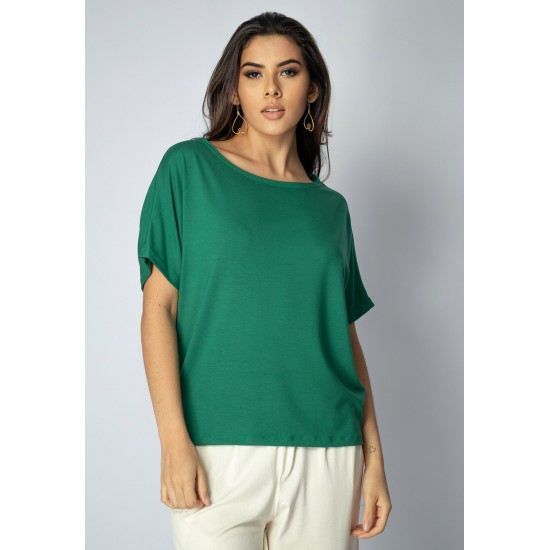 Blusa Básica Morcego Malha Gola Canoa Manga Curta Verde Jade