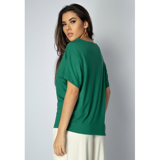 Blusa Básica Morcego Malha Gola Canoa Manga Curta Verde Jade