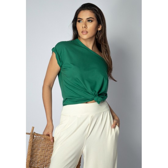 Blusa Básica Morcego Malha Gola Canoa Manga Curta Verde Jade