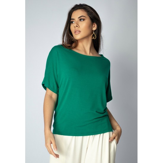 Blusa Básica Morcego Malha Gola Canoa Manga Curta Verde Esmeralda