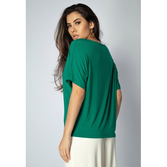 Blusa Básica Morcego Malha Gola Canoa Manga Curta Verde Esmeralda