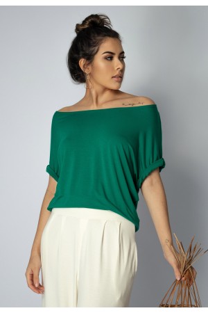 Blusa Básica Morcego Malha Gola Canoa Manga Curta Verde Esmeralda