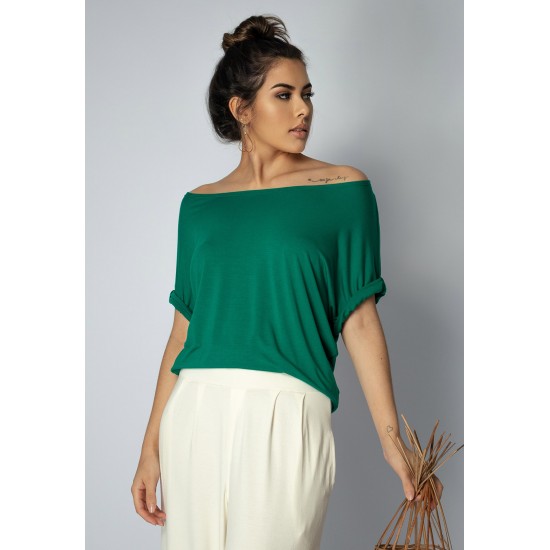 Blusa Básica Morcego Malha Gola Canoa Manga Curta Verde Esmeralda