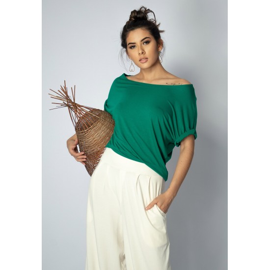 Blusa Básica Morcego Malha Gola Canoa Manga Curta Verde Esmeralda