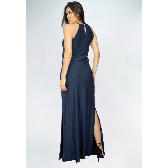 Vestido Longo Malha Trapézio com Elástico na Cintura Azul Marinho