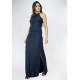 Vestido Longo Malha Trapézio com Elástico na Cintura Azul Marinho