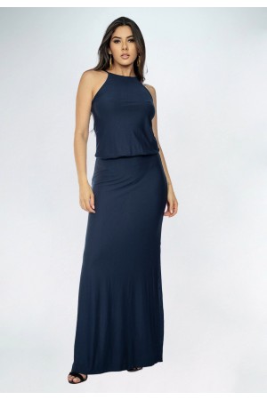Vestido Longo Malha Trapézio com Elástico na Cintura Azul Marinho