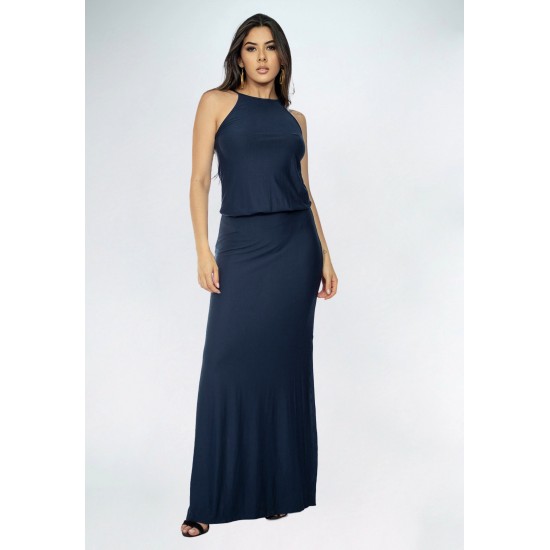 Vestido Longo Malha Trapézio com Elástico na Cintura Azul Marinho